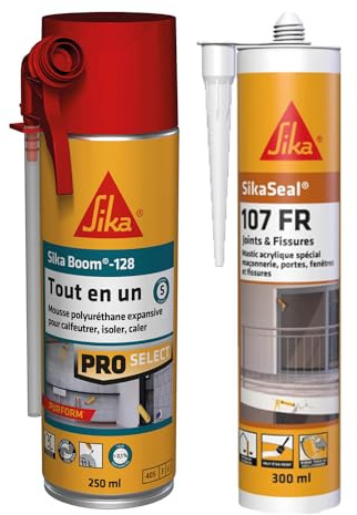 SIKA - Mousse expansive polyuréthane - Usage tous sens - Expansion 20L - 250ml - Blanc + Mastic acrylique pour joints et fissures - Spécial maçonnerie, portes, fenêtres - Int & Ext - Blanc - 300ml