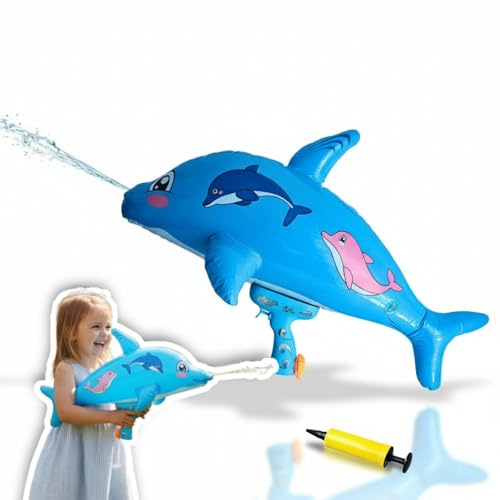 alldoro aufblasbare XXL Wasserpistole Delfin-Design, 72 cm, mit Luftpumpe | tierische Spritzpistole für Kinder ab 3 Jahren, Wasserblaster mit handlichem Griff für Strand, Pool & Garten