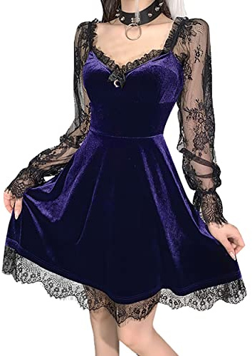 Robe gothique en velours XKBHYD pour femme - Robe midi vintage en dentelle - Robe punk grunge, Violet, L