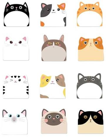 12 x Haftnotizpapier, Cartoon-Katzen-Notizpapier, Taschen-Schreibblock, Aschesive-Notizblock, unliniert, 30 Blatt/Block, lustig
