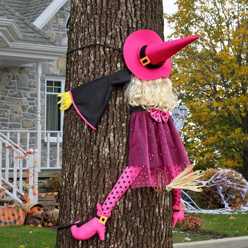 HOIIOH Halloween-Deko Outdoor – 135 cm Halloween Hexe Kracht gegen Baum, Witzige Fliegende Hexendeko zum Hängende für Garten, Vordervoranda, Gruselhaus, Outdoor/Indoor, Hof, Partydeko(Rosa)