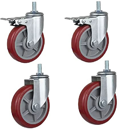 Lenkrollen, drehbar, 4 × Lenkrollen, Gewinde M12 × 30, Schwerlastrollen, Tragkraft 300–400 kg, mit Bremse, leises PU, 3 Zoll, 4 Zoll, 5 Zoll, Lenkroll