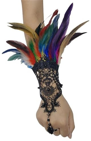 DyLyz Gothic Blumenspitze Bunte Feder Fingerlose Handschuhe Lolita Ausgehöhlte Blumen Perlen Haken Fingerhandschuhe Kette Handmanschetten Ärmel für Halloween Cosplay Maskerade Party