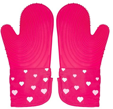 Paris Hilton Oven Mitt Set with Heart Design, Heat Resistant Pot Holders Featuring Non-Slip Textured Silicone Grips, 2-Piece Set, Pink