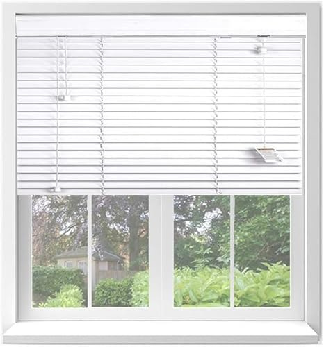 Ev Dekor White Wooden Venetian Blinds With String Design, 50mm Slats, Bathroom, Kitchen, Door, Window Blinds – 90 X 150cm