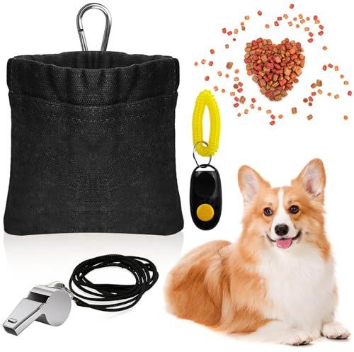 Prebarfun Dog Treat Bag, Hand-Free Treat Bag with Automatic Closure, Puppy Dog Training Pouch, Waterproof Snack Pouch with Carabiner Training Clicker Whistle (Black)