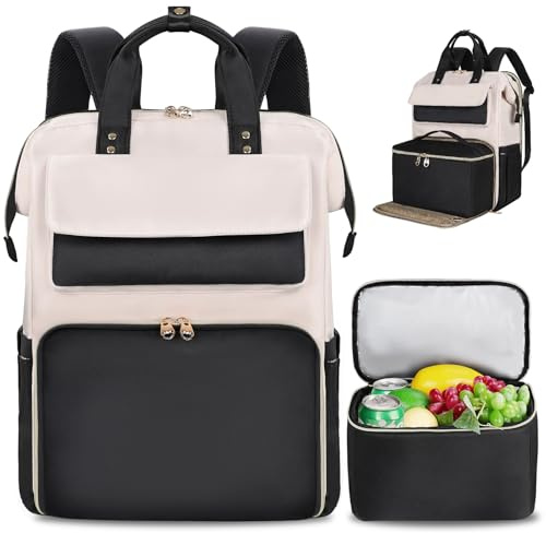 BERTASCHE Lunch Rucksack, Laptop Rucksack Damen 17,3 Zoll mit Isoliertes Kühltasche, 2-in-1-Arbeitsrucksack für Frauen/Arbeit/Business/Reisen/Lehrer/Schule/Uni，Schwarz-Beige
