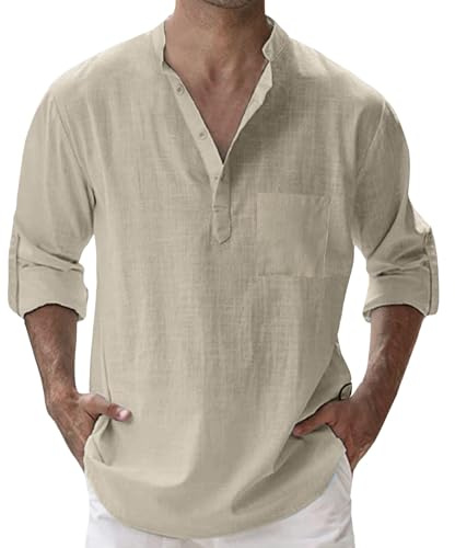 WILLBEST Men's Summer Linen Cotton Henley Shirt Casual Roll Up Long Sleeve Grandad Shirts Collarless Button Up Lightweight Beach Linen Tops