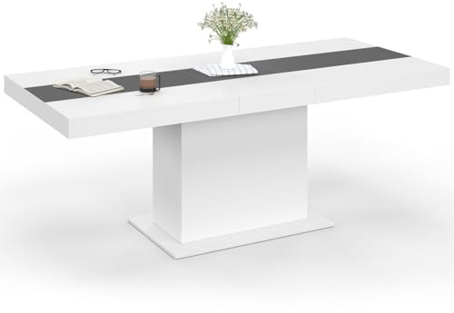 IDMarket – Mesa de comedor extensible rectangular Eden 6-10 personas, color blanco y banda central gris 160-200 cm
