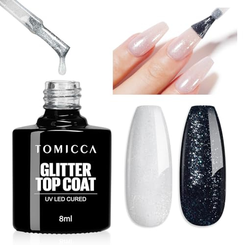 TOMICCA No Wipe Glitter Top Coat Gel - 8ML Holographic Shine for Acrylic Nails | High Gloss Long Lasting, Soak Off UV/LED Gel Polish, Salon & Home DIY Manicure Kit
