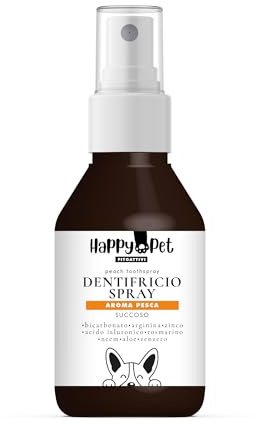 Happy Pet Dentifricio Spray per Cani 150ml – Naturale Antiplacca e Antitartaro – Alito Fresco – Senza Spazzolino – Disponibile in 3 Aromi: Neutro, Menta, Pesca (150ML, Pesca)