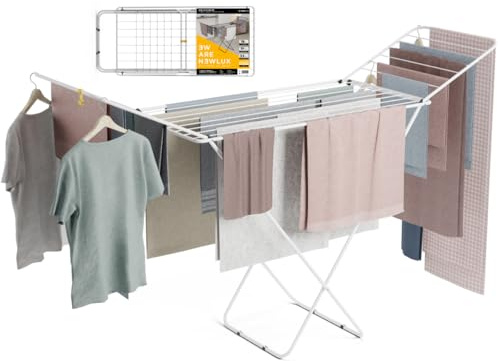 Newlux - Tendedero Plegable con Alas Stand V20, 180x55x112 cm, 19 Metros de Capacidad. Tenderete de Ropa Plegable Metálico con Rail Deslizante, Soporta 17 Kg, Ideal para Interior y Exterior, Blanco