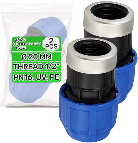 2x Racor Manguito Ø20mm x 1/2″ para Conectar Tubo Polietileno PE | con Rosca Hembra Reforzada - Fabricado en Polipropileno PP con Anillo de Acero Galvanizado - Garantía de 5 Años - ONIX TECH