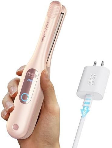 TYMO Cordless Mini Flat Iron for Short Hair, Portable 0.65 Inch Curling Iron for Travel, Hair Straightener and Curler 2 in 1, Ceramic Small Pencil Flat Iron with Curved, Dual Voltage, Pink