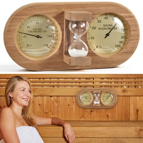 Tellegloww 3 in 1 Sauna Thermometer Hygrometer und Timer, Fahrenheit & Celsius Anti-Caking 15 Minuten Sanduhr, handgefertigt aus rotem Zedernholz Wandmontage Sauna Zubehör
