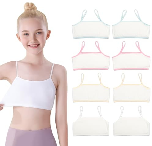 Zouwel 8 Pack Girls Crop Top Bras, Training Bras for Girls Age 8-12, Soft Comfortable Cotton Sports Bralettes for Kids Teens, Non-Padded First Bras