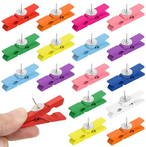 100 Pcs Push Pins With Wooden Clips,Wooden Push Pin Clips,Pushpins Paper Clips for Wall Cork Boards, Paper Notes, Photos, Projects, Decorative Crafts and Drawing(Colorful)