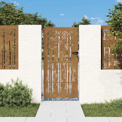 Portail de Jardin, en Acier Corten 85x175 cm, Design Bambou, Portail de Jardin Verrouillable, pour Clôture, Terrasse, Jardin, Couleur Rouille, 85 x 175 cm
