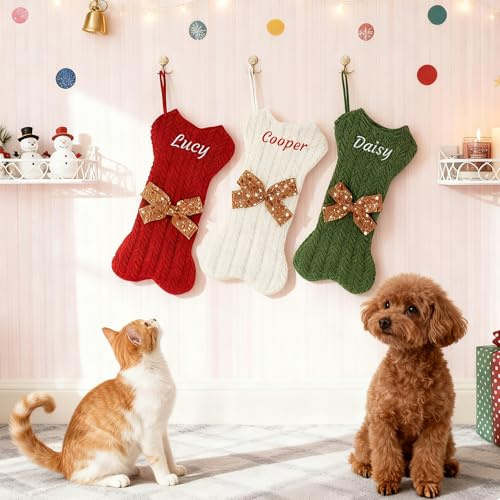 Generisch Personalisiert Weihnachtsstrumpf, Namensstickerei, 42 cm | Knochenförmige Strickware Nikolausstrumpf in Rot, Grün & Weiß, Familien& Haustier Weihnachtsdeko