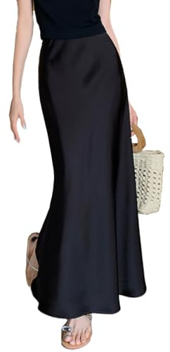 Satin Long Skirt for Women Elegant High Waist Casual Cocktail Party A-Line Silky Flowy Skirts