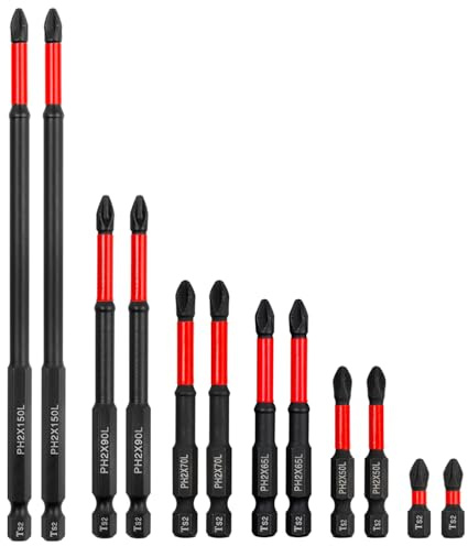 Treki 12Pcs Impact Screwdriver Driver Bits S2 Steel Magnetic Screwdriver Bit Set Anti-Slip PH2 Phillips Head Drill Bits for Hand Electric Screwdrivers, Length 25mm-150mm, 1/4 Hex Shank