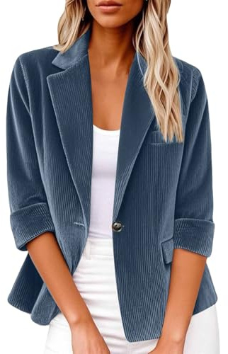 Blazer da donna in velluto a coste con risvolto a tacca, giacca autunno inverno vintage tinta unita, cardigan con maniche a tre quarti, giacca da lavoro casual testurizzata per lavoro quotidiano e