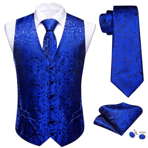 Barry.Wang Mens Royal Blue Waistcoat Paisley Silk Jacquard Formal Suit Vest Set Party Prom