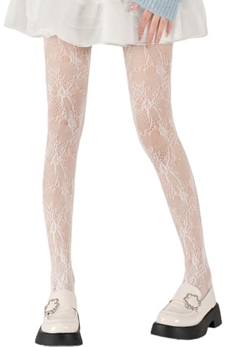 Medias blancas de encaje floral holgado para mujer, estampado Kawaii, Lolita, malla, medias de encaje, cintura alta, medias de malla, medias de malla, medias blancas, medias finas, mallas de malla