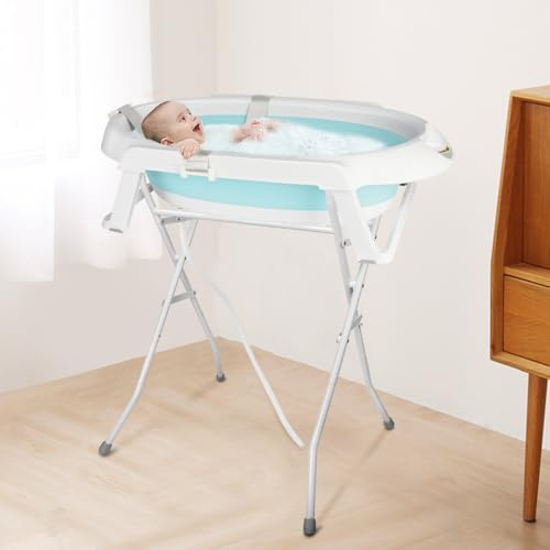 OHMG Bañera Bebé Plegable De Pie,Grande Bañera Xxl Con Soporte, Termómetro 2.0, Asiento Y Kit De Drenaje, Cuenca Para Bebé, Ideal Para Ducha,De Nacimiento A 3 Años,Regalo Bebé
