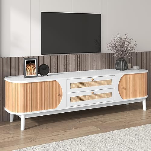 Gxffipw TV Schrank Lowboard Länge 170 cm für Fernseher bis zu 70 Zoll, Fernsehschrank TV Board mit Türen und Schubladen, Wohnzimmerschrank mit Rattan-Design, Wohnzimmer Möbel, Weiß