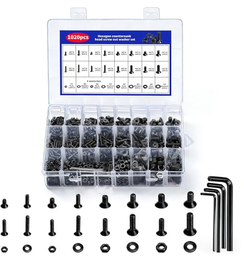 1020 Piezas M3 M4 M5 M6 Juego de Tornillos y Tuercas, Tornillo de Avellanado Cabeza Hexagonal, Tornillos de Plana y Tuercas y Arandelas Kit, Tornillo de Cabeza Hueca Hexagonales(negro)