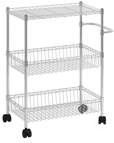 FinerFurnis Heavy Duty 3-Tier Rolling Utility Kitchen Organizer Cart - Adjustable Wire Shelves & Handle - 600lbs Capacity Metal Storage Trolley - 360° Lockable Wheels for Restaurant, Home, Office