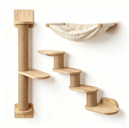 Cat Climbing Wall Set, 3 pcs Cat Wall Wooden Furniture Set | with Perch Steps, Hammock and Scratching Post for Indoor Cats，Small Apartments，Weight Capacity 15kg, Wobble-free