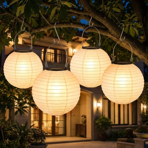 Macchiatto Solar Lampions Außen Wetterfest 4 Stück 20cm Solar LED Laterne Wasserdicht Warmweiß Hängende Solarbetrieben Gartenlaterne Beleuchtung für Garten Terrasse,Hochzeit, Fest Deko