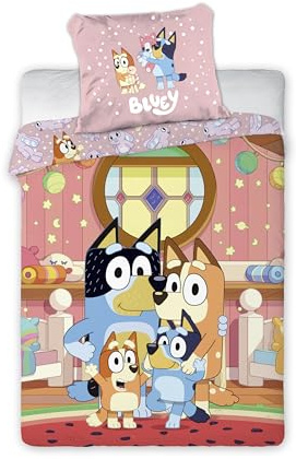 Bluey Babybettwäsche 100x135 + 40x60 100% Baumwolle Familie Heeler | Baby-Bettwäsche wendbar | 100% Baumwolle Oeko-Tex atmungsaktiv | Rosa und blau | Offizielle Lizenz | 0-3 Jahre