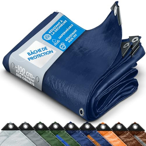 Bache imperméable etm® avec oeillet | Bache de protection extérieur & intérieur | Bache étanche & résistante à l'eau et UV | Epaisse densité 140g/m² | Bleu - env. 1.5x6m