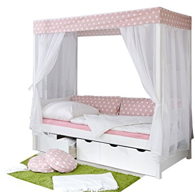 TiCAA Himmelbett Maria Massivholz Kiefer inkl.Tüll-Set Rosa Weiß