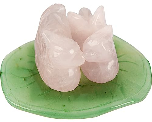 June&Ann Rose Quartz Mandarin Ducks, Natural Stone Love Birds on Green Aventurine Lotus Leaf Artwork, Crystal Feng Shui Figurine Valentine's Day Gift