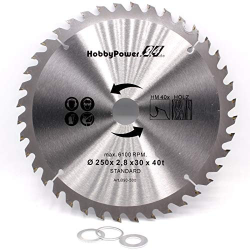 Kreissägeblatt Sägeblatt Hartmetall für Holz Tischkreissäge Kappsäge Gehrungssäge 250 x 30 mm 40 Z Zähne + 3 Reduzierringe auf 24,4mm, 20mm und 16mm