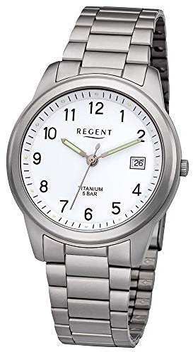 REGENT Herrenuhr mit Titan Glieder Armband und Titan Gehäuse 36 MM Durchmesser Quarz Arabische Zahlen Datum