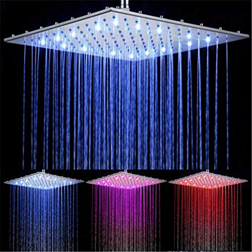 Cabezal de ducha fijo con luz LED, cabezal de ducha cuadrado de diseño elegante, boquilla fácil de limpiar, autogenerador, diámetro de rociado superior 40 cm