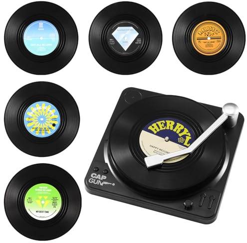 Coolty 6 Stück Vinyl Schallplatten Untersetzer, Rutschfeste Tasse Matte, Isolierte Kaffee Getränke Untersetzer mit Halter für Tassen Tisch Bar Glas Gläser mit Halter