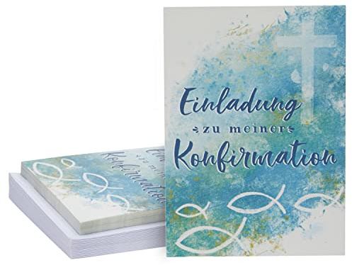 24 tarjetas de invitación de confirmación para rellenar con sobres, diseño de pez y cruz, acuarela, tamaño A6, color azul