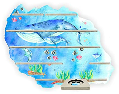 Farbklecks-Collection Tonie Regal Unterwasserwelt Wal, Wandregal für bis zu 50 Hörfiguren, Maße 6 x 61 x 46 cm, mit speziellem Ablagefach kompatibel mit Toniebox, handgefertigt in Deutschland