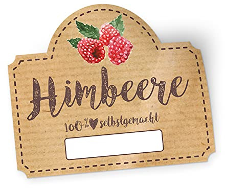 itenga 50x Marmeladen Etikett Erdbeere Aufkleber 100% selbstgemacht Sticker braun selbstklebend für Marmelade Einmachgläser Geschenke - hochwertiges Papier - 4,5x3,8cm (Himbeere)