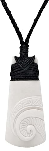 81stgeneration Hand-Carved Bone Large HEI Toki Pendant with Fern Frond Engraving - Maori-Style Koru Cord Neckace - NZ-Style Men's Surfer Necklaces - Handmade Tribal Statement Jewellery for Women