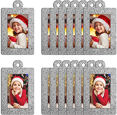 20 Stück Weihnachten Foto Ornament Rahmen Weihnachtsbaum Glitzer Bilderrahmen Filz Hängende Fotorahmen für Urlaub Weihnachtsbaum Dekoration (Silber, Rechteck)