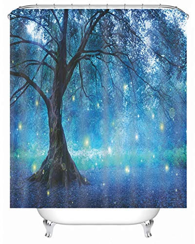 EHOMERY Duschvorhang Nach Maß Duschrollo Deluxe Baum Mit Glänzendem Stern Polyester Blau Rostfreie Ösen Und 12 Hakenringe, 90X180Cm