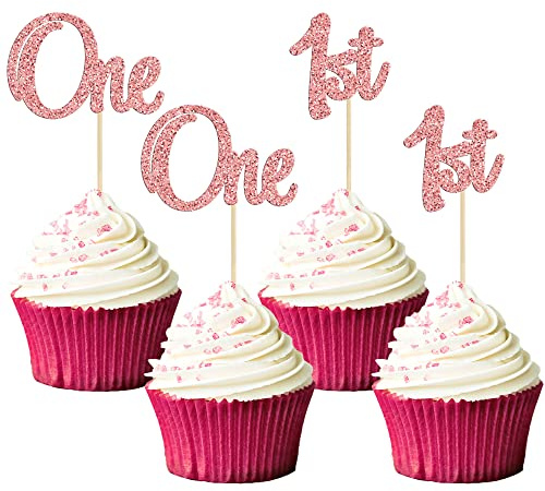 Gyufise 24Pcs One Cupcake Toppers Glitter 1st Birthday Cupcake Picks for Baby Shower First Birthday Party Cake Decorations Supplies Rose Gold