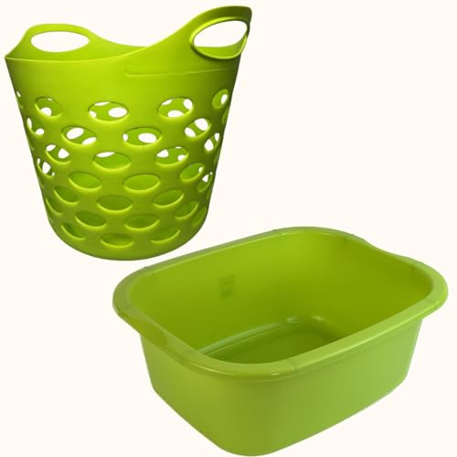 Plastic Laundry Basket With Handles Flexi Large Storage Round Hipster Hamper For Clothes Nursery & Home Organisation 13 Colours 30L (Lime Basket+Washing Bowl)